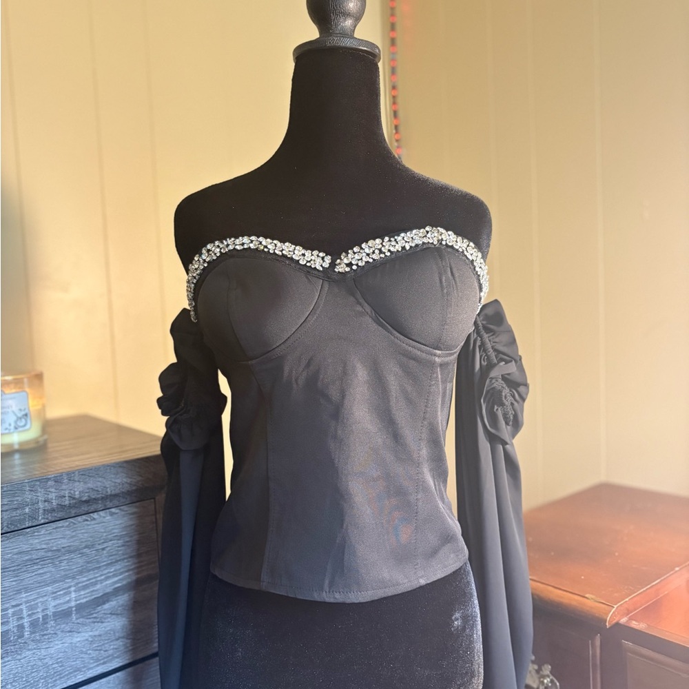 Elegant Black Off-Shoulder Top with Rhinestone Detail
